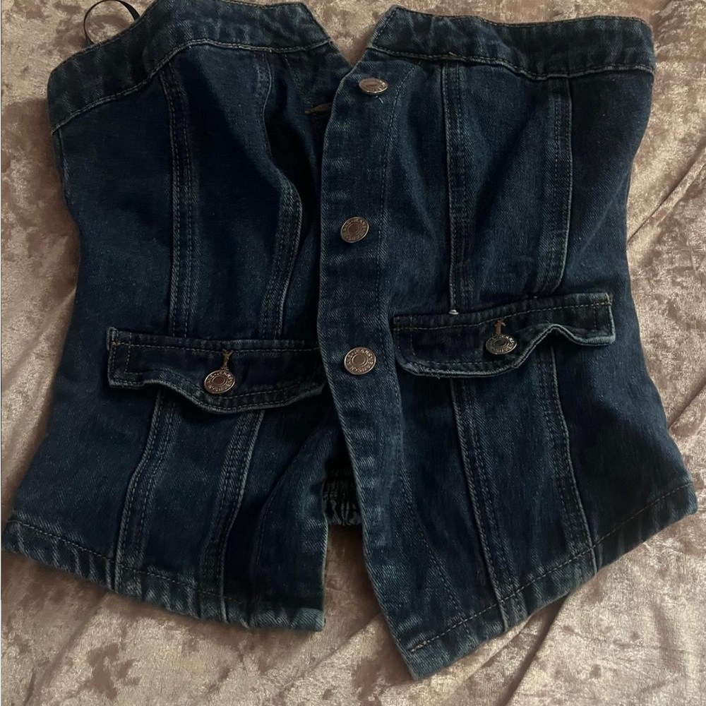 Dark Blue Denim Tube Top with Button Details